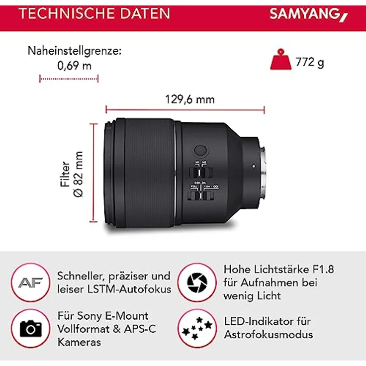 Samyang AF 135mm F1.8 FE für Sony E – Autofokus Vollformat & APS-C Teleobjektiv, lichtstarke Festbrennweite, Alu-Gehäuse Wetterschutz, für Sony A9 A7 A1 Alpha 6000 A7C II A7C R – Bild 2