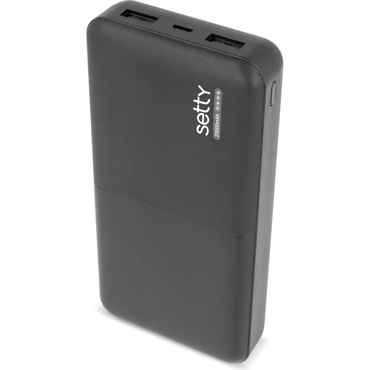 Setty SPB-20 Powerbank 20000 mAh, Schwarz, mit 2x USB-A und USB-C, LED-Ladezustandsanzeige
