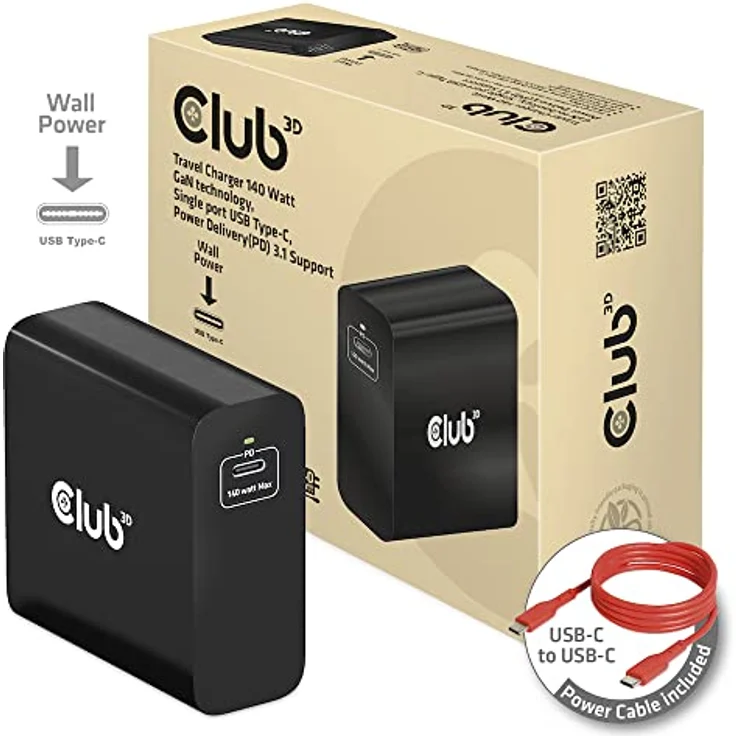 Club3D CAC-1914 Ladegerät 140 Watt GaN-Technologie, Einzelanschluss USB Typ-C, Power Delivery (PD) 3.1 Unterstützung – Bild 2
