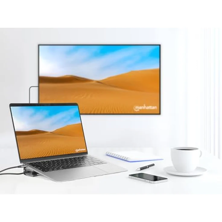 Manhattan 10-in-1 Dockingstation USB-C 3.2 Gen 1, Aluminium in Space Grau, 2x HDMI 4K@60Hz, 3x USB-A, Gigabit-RJ45, SD/MicroSD, 100W Power Delivery – Bild 5