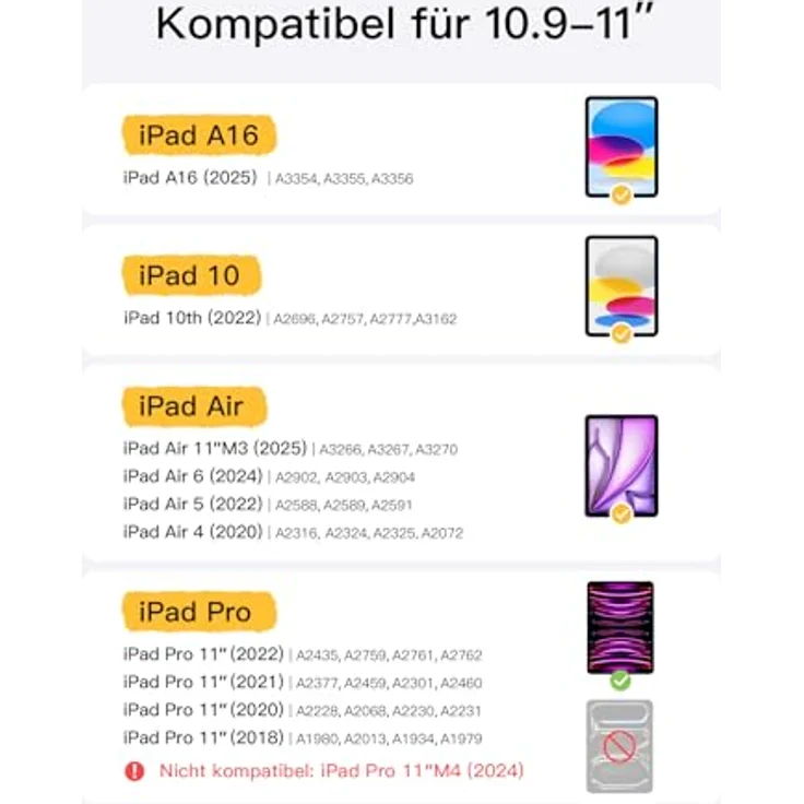 Inateck Ultraleichte Tastatur KB04122 für iPad 10/11 Gen A16 (2025), iPad Air 11" M3/M2 (2025/2024), abnehmbar mit Touchpad, nur 450g leicht, komfortables Tippen, magnetisches Design, schwarz – Bild 4
