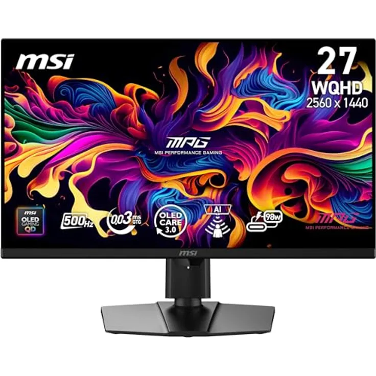 MSI MPG 271QR QD-OLED X50 Gaming Monitor 27 Zoll WQHD, 500 Hz / 0,03 ms, DisplayHDR True Black 500, AI Care Sensor, HDMI 2.1, DP 2.1a, USB-C (98 W PD), Schwarz