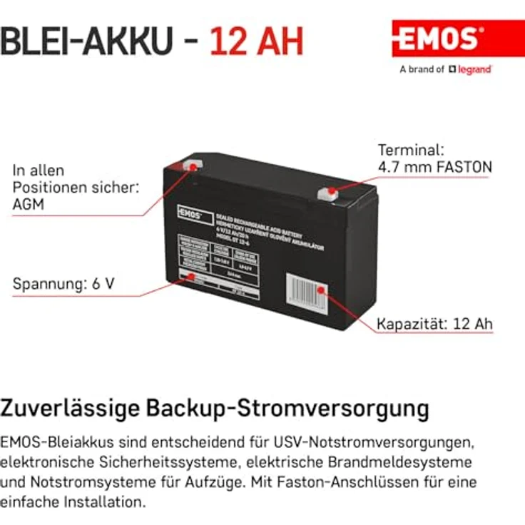 EMOS Wartungsfreier Bleiakku 6V 12Ah AGM Batterie Faston 4,7mm Anschluss für Alarmsysteme, Brandmeldetechnik, USV-Geräte 151x51x94 mm – Bild 2