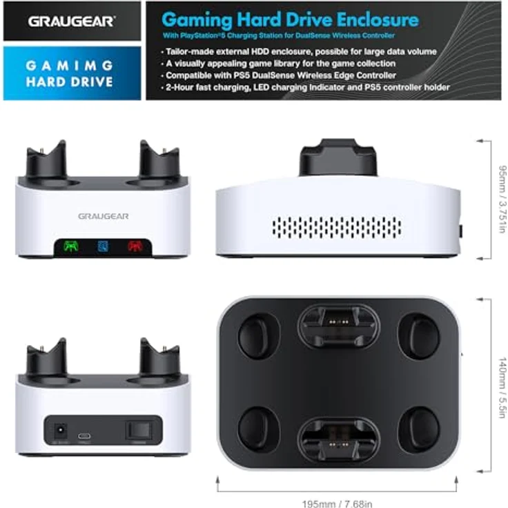 GRAUGEAR Externes Festplattengehäuse für Playstation5, Ladestation für Zwei PS5 Kontrolle, 3.5" HDD, USB-C Kabel, Netzteil, G-3506-CG – Bild 2