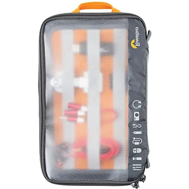 Lowepro GearUp Pouch Large, Travel Essentials Case, Reisetasche für PC-Kabel, Adapter, Akkus, Ladegeräte, Kleine Kameras & USB-Sticks, Laptop-Zubehörtasche, Hergestellt aus Recyclingmaterial, Grau