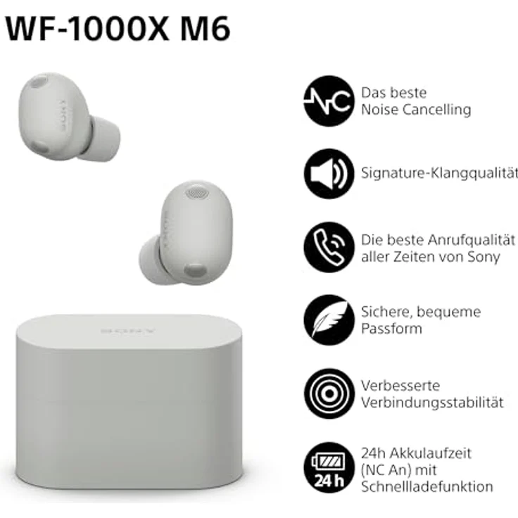 Sony WF-1000XM6, Kabellose Noise Cancelling In-Ear-Kopfhörer, Hi-Res Audio, 24 Std. Akkulaufzeit, IPX4, Silber – Bild 2