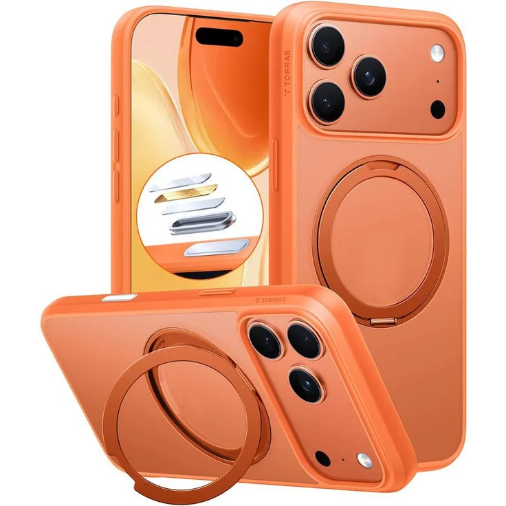 Torras Ostand Pro Schutzhülle für Apple iPhone 17 Pro Max, Orange, MagSafe-kompatibel mit 360°-Standring, optimaler Schutz und flexible Nutzung