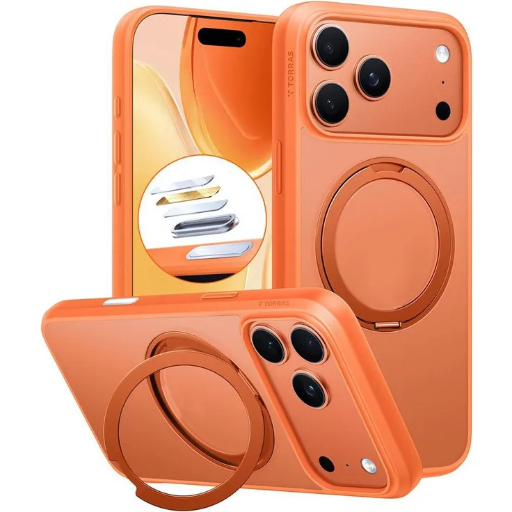 Torras Ostand Pro Schutzhülle für Apple iPhone 17 Pro Max, Orange, MagSafe-kompatibel mit 360°-Standring, optimaler Schutz und flexible Nutzung
