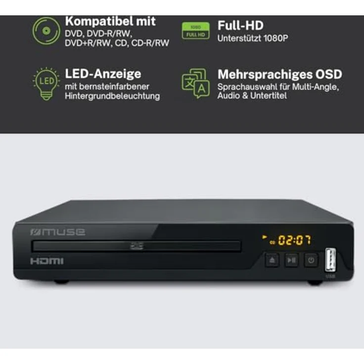 Muse M-55 DV Full HD DVD-Player, kompatibel mit DVD+R/RW, CD, MP3, JPEG, HDMI & USB-Anschluss, inklusive Fernbedienung und LED Display – Bild 3