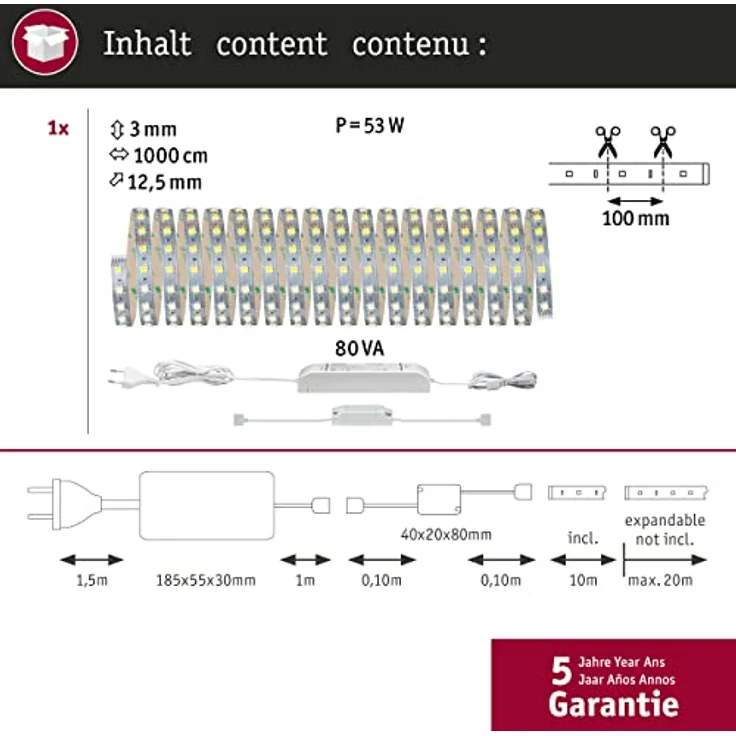 Paulmann 70565 LED Stripe SmartHome MaxLED Tunable White Basisset incl. 1x47 Watt dimmbar Lichtband Silber Lichtstreifen Kunststoff LED Band 3000 K – Bild 5
