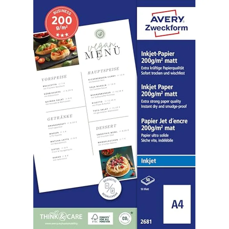 AVERY Zweckform Art. 2681 Business Inkjet Papier (50 Blatt, 200 g/m², A4, mattes Druckerpapier, beidseitig beschichtet & bedruckbar, sofort trocken & wischfest, Flyerpapier für Inkjet-Drucker) weiß
