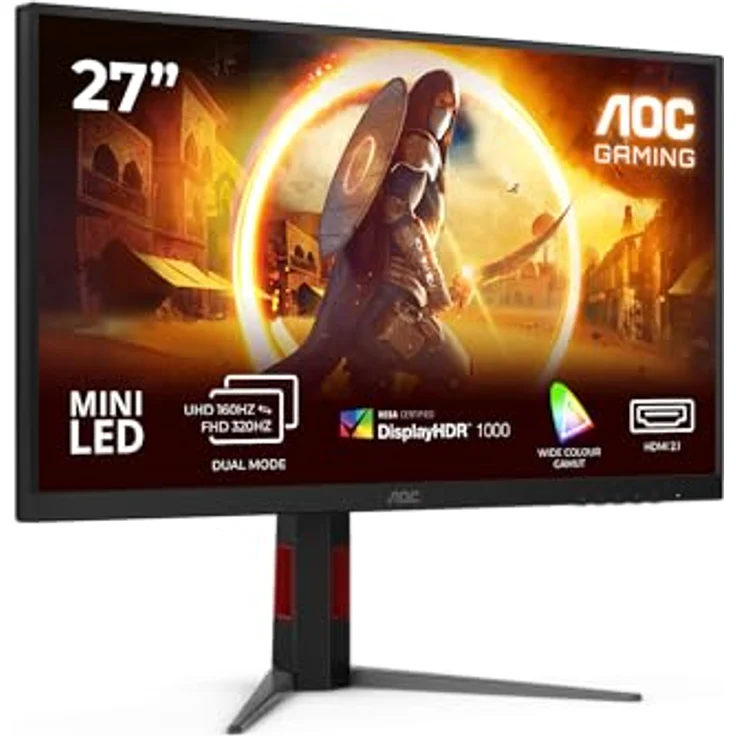 AOC Gaming U27G4XM, 27 Zoll UHD 4K Monitor, 1ms Reaktionszeit, 160 Hz bei UHD oder 320 Hz bei FHD, G-Sync kompatibel, HDR1000, schwarz-rot – Bild 1