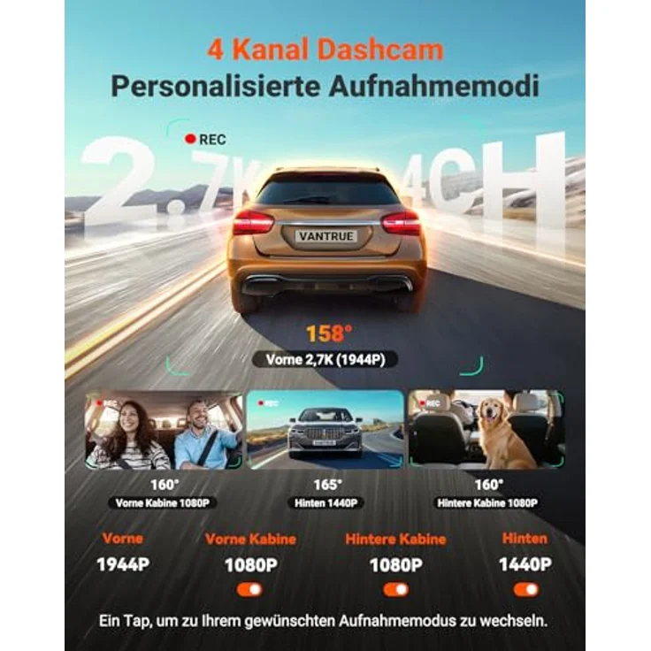 VANTRUE N5S 4 Kanal STARVIS 2 Dashcam, 2.7K+ 1080P+ 1080P+ 1440P, HDR+ WDR, 5G WLAN, Sprachsteuerung, GPS, 24Std. Puffer Parkmodus, Max 1TB Speicher – Bild 2