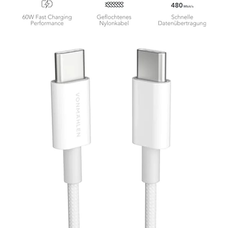 VONMÄHLEN USB-C zu USB-C Kabel, 60 Watt Fast Charging, 1 Meter, langlebig und flexibel aus geflochtenem Nylon, weiß – Bild 3