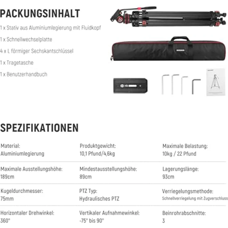 Neewer TP75 189cm Videostativ mit Fluidkopf, 360° Schwenkung, 89-189cm höhenverstellbar, Aluminiumlegierung, max. Tragfähigkeit 8kg – Bild 9