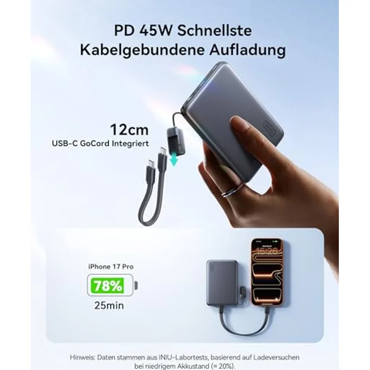 INIU 10000mAh Qi2 25W MagSafe Power Bank, Dünnste kabellose Powerbank mit USB-C 45W Schnellladung und LED Anzeige, Flugsicher für iPhone 17-12 Serie – Bild 4