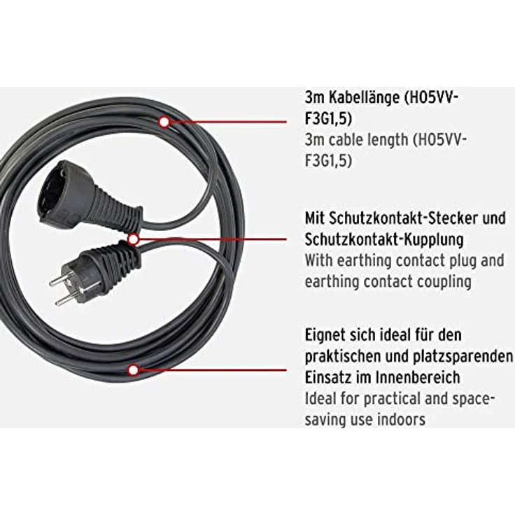 Brennenstuhl Qualitäts- Kunststoff-Verlängerungskabel mit Schutzkontakt-Stecker (Verlängerungskabel für innen mit 3m Kabel) schwarz – Bild 2