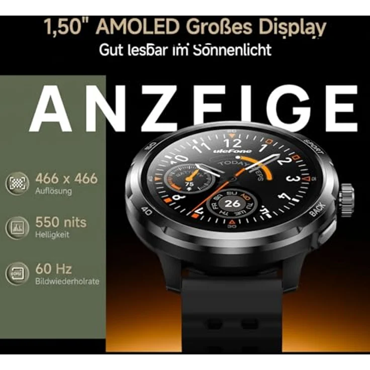 Ulefone Armor Watch Pro, Militärisch wasserdichte Smartwatch für Herren mit GPS, Bluetooth Anrufen, 100+ Sportmodi, 24/7 Herzfrequenzmonitor und Schlafüberwachung, Schwarz – Bild 4