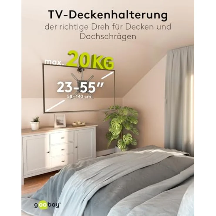 goobay TV-Deckenhalterung für Fernseher von 23 bis 55 Zoll (58 – 140 cm), TV Halterung, max. 20 kg, seitlich schwenkbar, Deckenwinkel einstellbar, mit Hochklapp- und Verriegelungsfunktion, 70824, schwarz – Bild 2