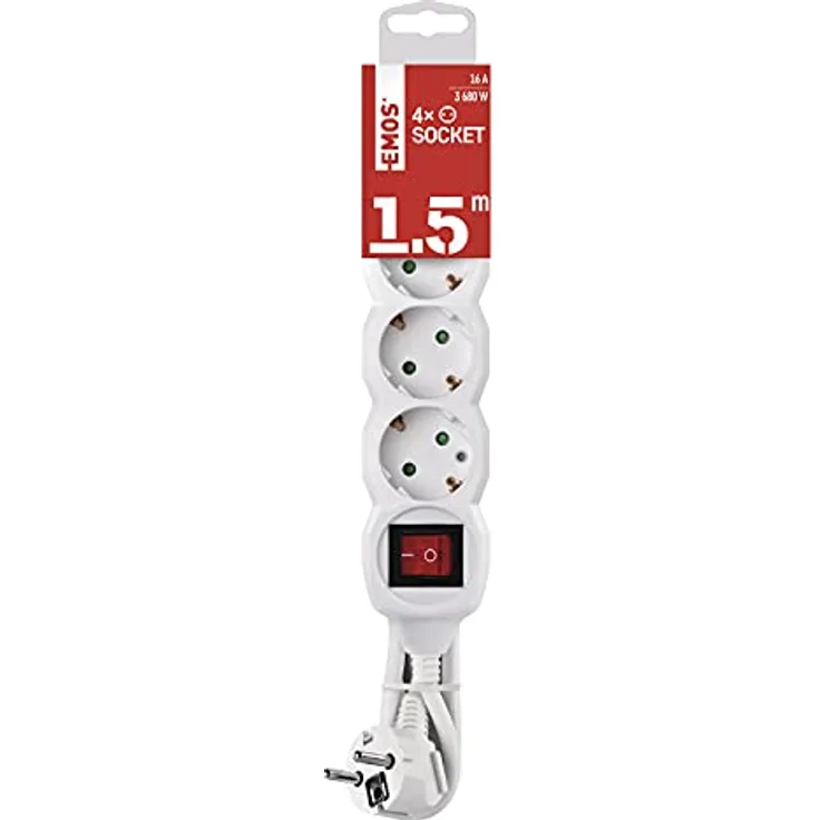 EMOS Steckdosenleiste 4-Fach mit Schalter, 150 cm Kabel, weiß, Steckdosen 45° gedreht, Querschnitt 1,5 mm2, Schuko Mehrfachsteckdose mit erhöhtem Berührungsschutz, IP20 für Innenbereich - Preisvergleich