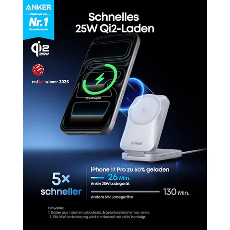Anker Prime 3-in-1 Ladestation, Qi2.2 25W, AirCool kabelloses Ladegerät für iPhone, Apple Watch und AirPods, faltbar, kompakt – Bild 2