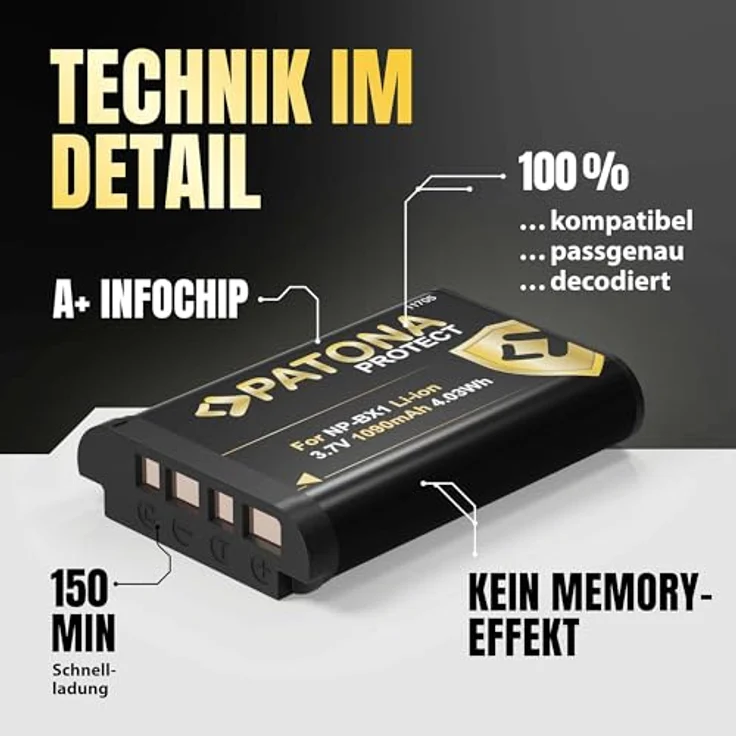 PATONA Protect NP-BX1 Akku 1090mAh, Ersatzakku kompatibel mit Sony CyberShot DSC-RX1, RX100 II-VII, HX50, HX60, HX80, HX90, WX300, WX500, hitzebeständig & langlebig – Bild 4