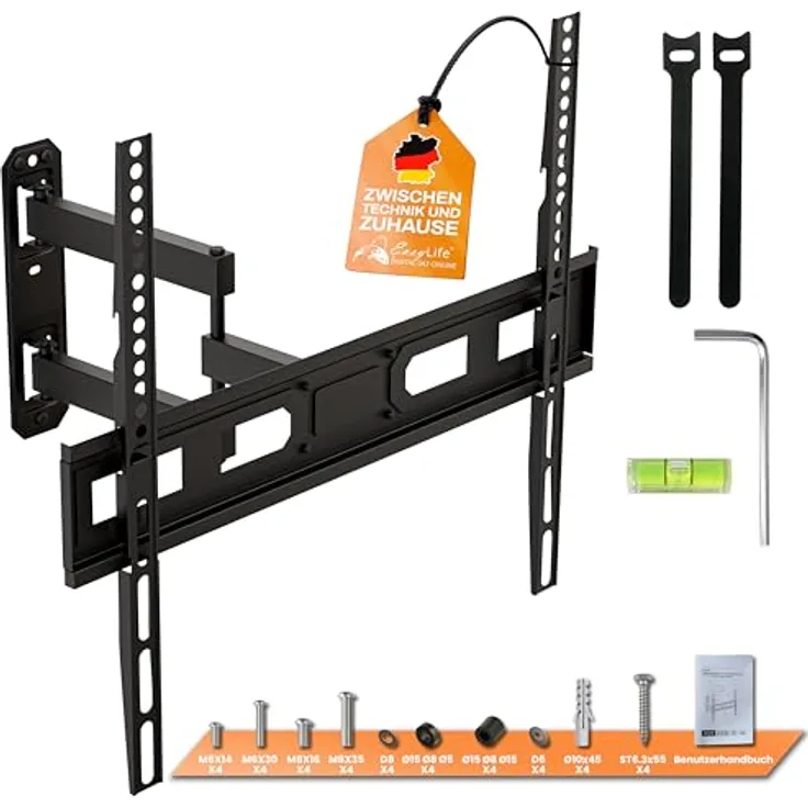 EasyLife FlexMount E70, Einarm-Design TV-Wandhalterung für 37–70" Fernseher bis 35 kg, VESA 600x400, schwenkbar und neigbar mit Kabelführung
