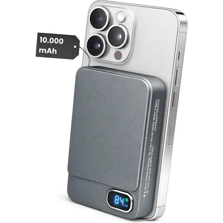 S&T Design Magnetische Powerbank 10.000 mAh, MagSafe-kompatibel, kabellos, 20W PD-Schnellladen, mit LED-Display