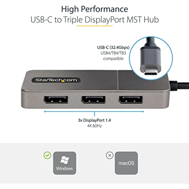 StarTech.com 3-Port USB-C Multi-Monitor Adapter, USB-C auf 3x DisplayPort 1.4 MST Hub, Dreifach 4K 60Hz, HDR, mit 0,3 m integriertem Kabel - nur für Windows, grau – Bild 3