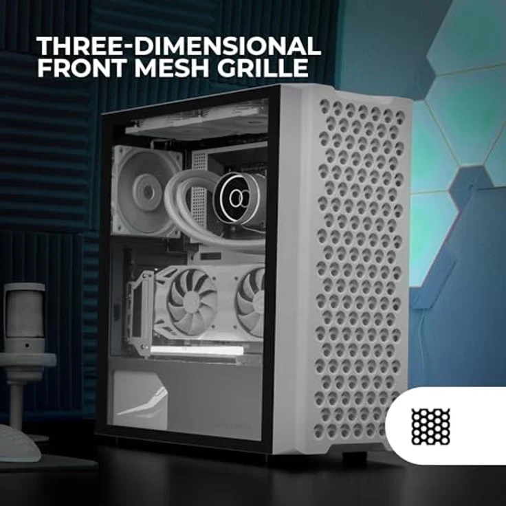 Mars Gaming MC-iPRO, Professionelles ATX-Gehäuse, 3D-Mesh-Frontgitter, Seitenfenster aus Gehärtetem Glas, Ultraleiser 12-cm-FDB-Lüfter, PC-Gehäuse mit Flüssigkeitskühlungsunterstützung, Weiß – Bild 3