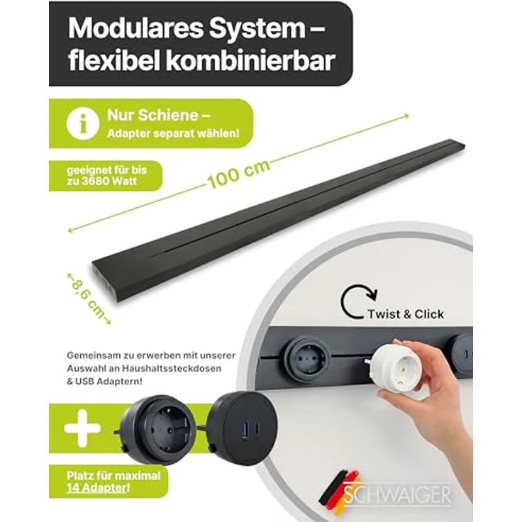 SCHWAIGER Konfigurierbare Steckdosenleiste 100 cm, modulare Stromschiene in Schwarz mit Alu-Design, individuell einstellbar, VDE geprüft, ideal für Küche, Büro & Werkstatt – Bild 2
