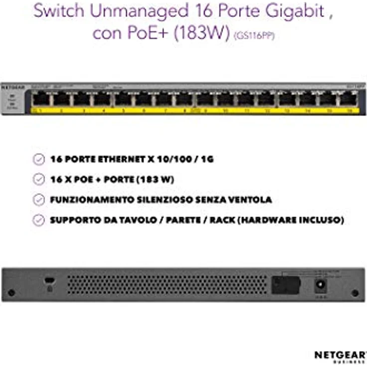 Netgear GS116PP 16-Port Gigabit Ethernet LAN PoE Switch Unmanaged (mit 16x PoE+ 183W erweiterbar, Desktop- oder Rack-Montage mit ProSAFE Lifetime-) – Bild 2