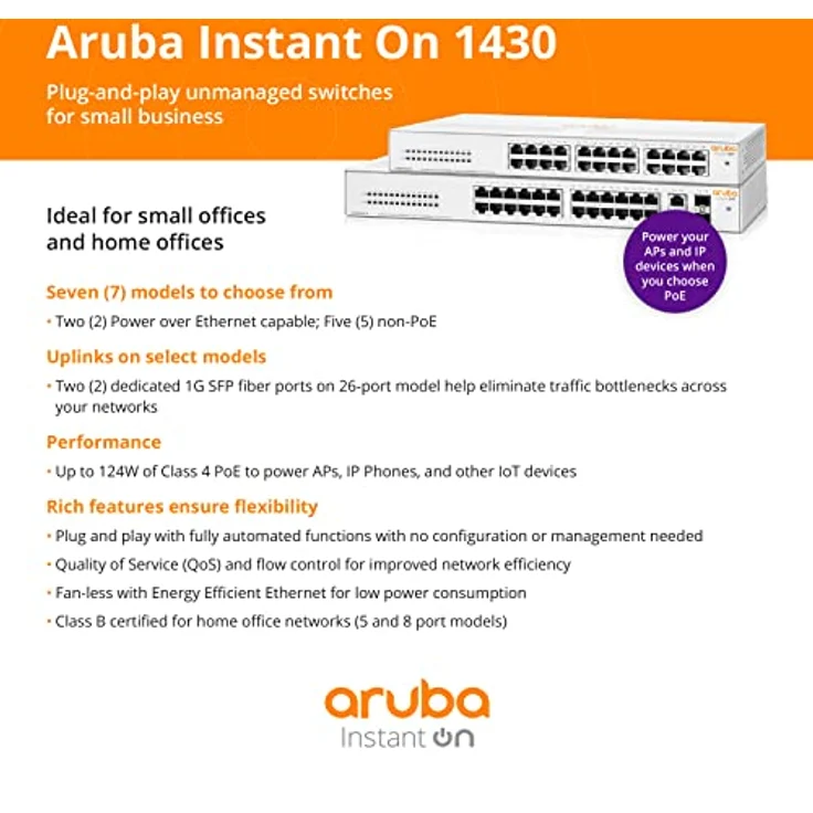 Aruba Instant On 1430 16-Port Gb Unmanaged Layer 2 Ethernet Switch | 16x 1G | Fanless | EU Cord (R8R47A#ABB) – Bild 5