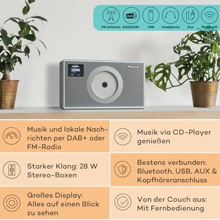 Auna DAB Radio für Küche & Bad, CD Player zur Wandmontage mit Bluetooth, DAB/DAB+/FM, LCD Display, MP3-Streaming, Digitalradio mit Wecker & Fernbedienung, Holzgehäuse – Bild 2