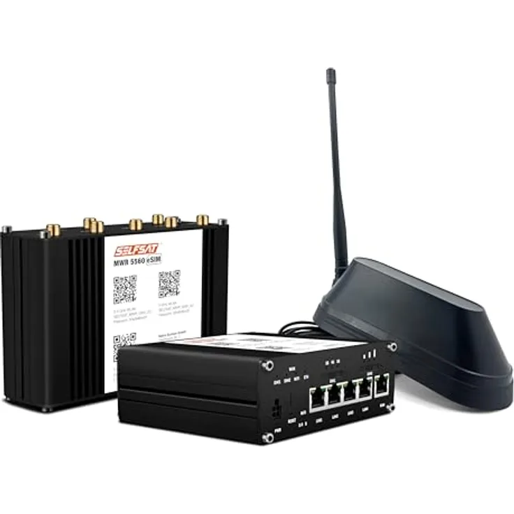 SELFSAT MWR 5560 eSIM 5G Cat 19 WLAN Router bis 3,4 Gbps mit Shark 5G Antenne, schwarz, für Wohnmobile und Campingplätze, DAB+ Anschluss, einfache Bedienung über Browser