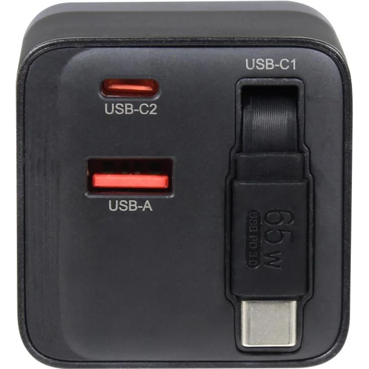 Allnet QC USB-C PD GaN Netzteil Power Supply 65 Watt, 1x USB Typ-A QC, einziehbares USB Typ-C-Kabel, Schwarz