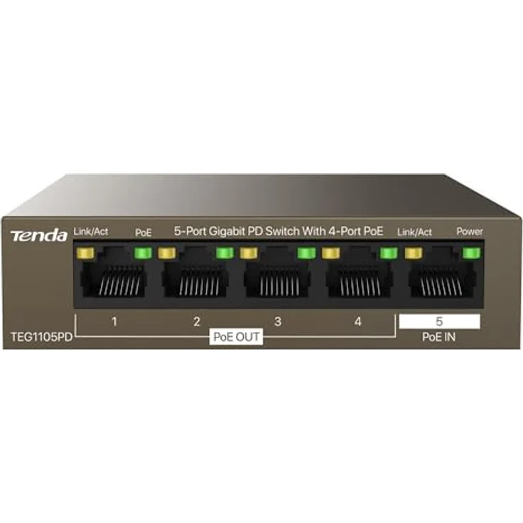 Tenda TEG1105PD, Gigabit Ethernet Switch (10/100/1000) mit 5 Ports und Power over Ethernet, Braun – Bild 2