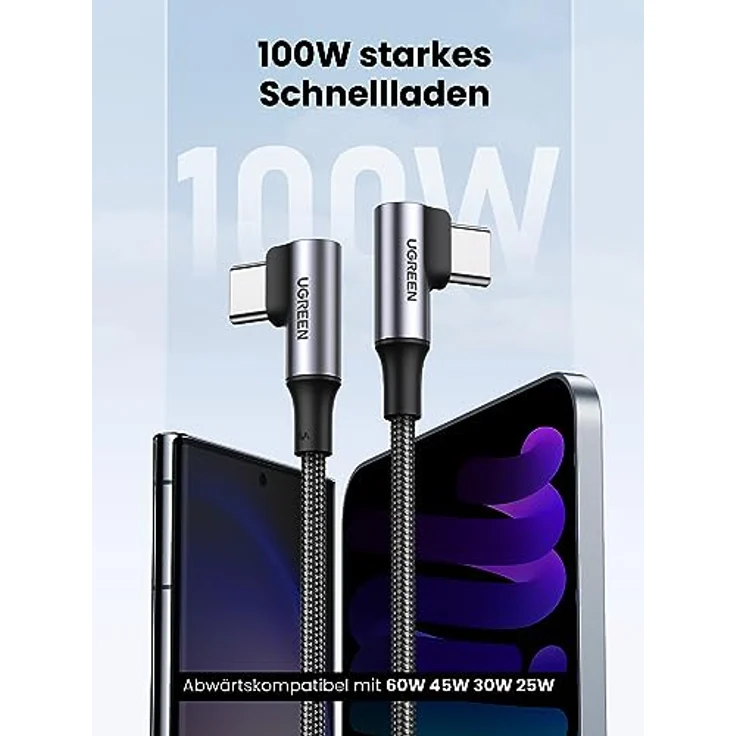 UGREEN USB C USB C Ladekabel 100W Doppelte Winkelstecker PD 3.0 PPS USB-C Kabel 90 Grad 5A/20V kompatibel mit iPhone 15 Pro Max, M2 MacBook Pro/Air iPad Pro 2021 iPad Air 5 Galaxy S24 A54 usw. (2m) – Bild 2