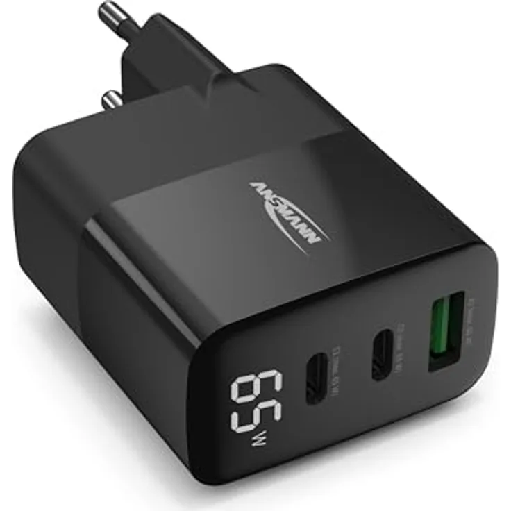 ANSMANN 3-Port USB Ladegerät mit bis zu 65 W/Power Delivery und Quick Charge 3.0, Smart IC Technologie, Displayanzeige - Schwarz