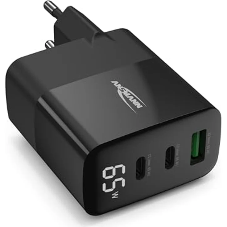 ANSMANN 3-Port USB Ladegerät mit bis zu 65 W/Power Delivery und Quick Charge 3.0, Smart IC Technologie, Displayanzeige - Schwarz – Bild 1