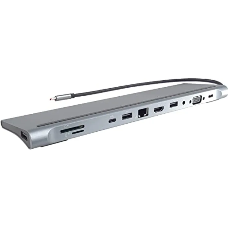 PremiumCord USB-C Dock mit 4K HDMI, VGA, RJ45, 3x USB 2.0, USB-C 3.2, SD, MicroSD/TF, StereoJack 3.5mm, PD 100W, Auflösung UHD 4K 2160p 60Hz, Full HD 1080p, USB 3.2 Typ C, Aluminiumgehäuse, Länge 20cm