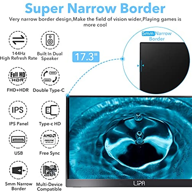 Lipa HDR-60 Tragbarer Monitor 17,3"/144 Hz/Full HD/HDMI/2X USB C/1920p/2 Lautsprecher mon08 Schwarz, mit Hülle und Ständer – Bild 2