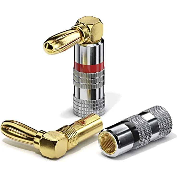 conecto Bananenstecker 4er-Set, 90° gewinkelter Stecker, für alle Lautsprecherkabel mit einem Durchmesser bis max. 6mm², 4 Stück mit Farbcodierung (2x rot, 2x schwarz), 24kt vergoldet – Bild 6