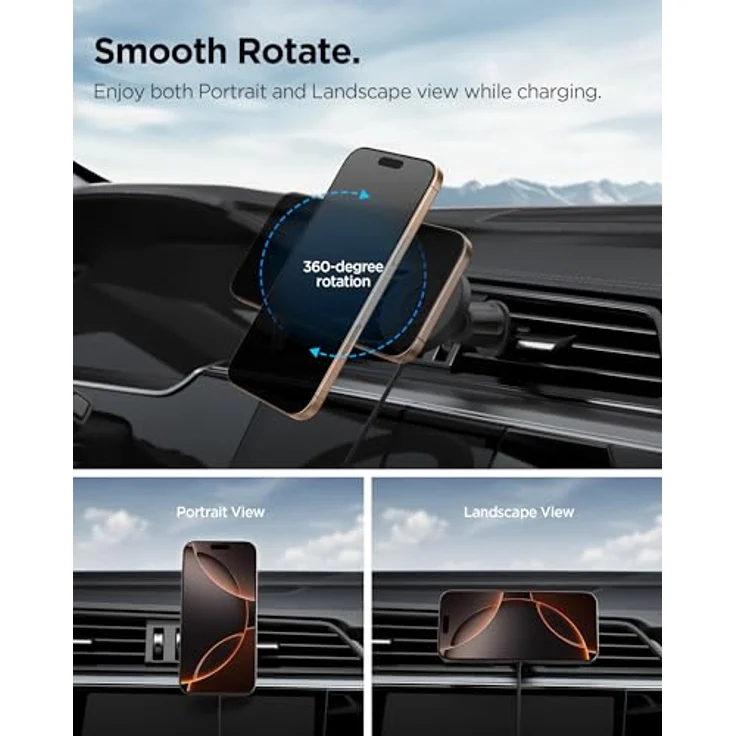 Spigen OneTap Pro 4 MagSafe Car Mount Charger, kabelloses Autoladegerät mit AirVent-Haken, schwarz – Bild 5