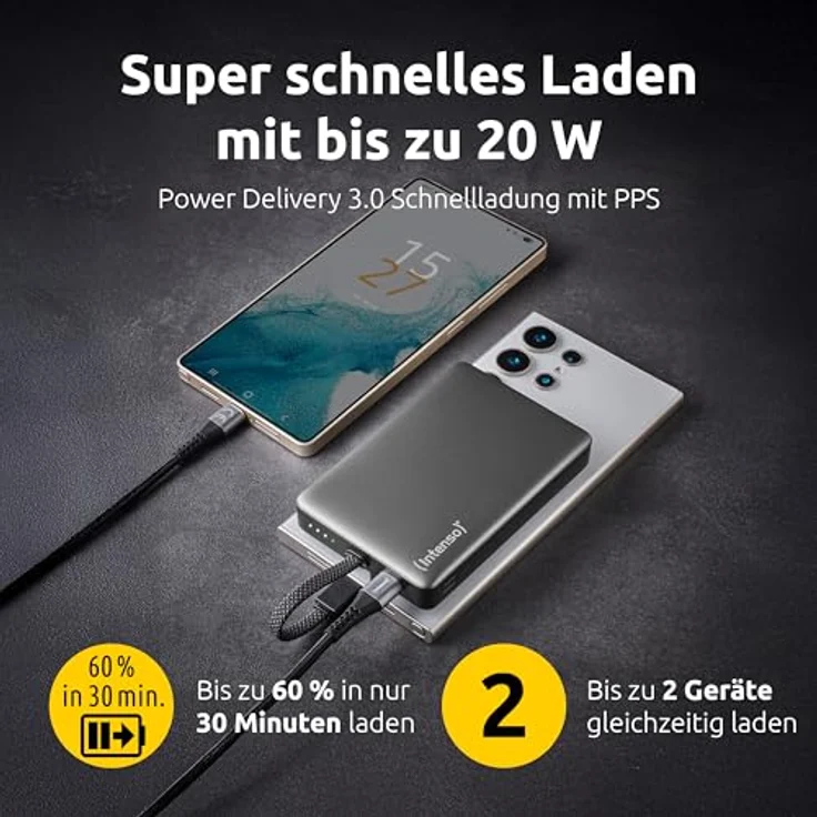 Intenso MC10000 Powerbank, 10.000 mAh mit magnetischer Rückseite, integriertem USB-C Kabel, ultraschnelles Laden PD 3.0 (20W), grau, geprüft in Deutschland – Bild 5