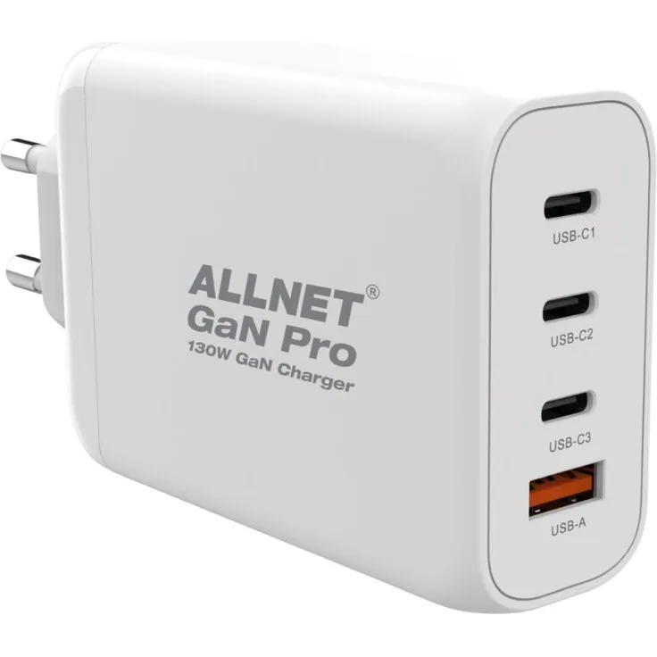 Allnet ply 130 Watt USB Ladegerät, 1x USB Typ-A QC und 3x USB Typ-C, GaN Technologie, EU Plug, schwarz