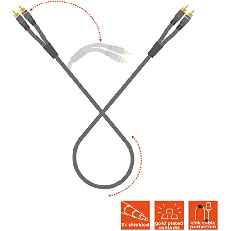 celexon 2x Cinch Stereo Audiokabel 10,0m - Professional Line, schwarz, 3-fach geschirmt, vergoldete Kontakte, flexibler Knickschutz – Bild 3