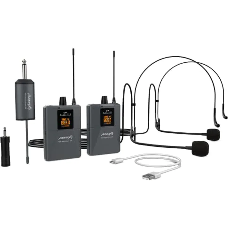 Audibax Missouri Free Head Dual UHF Sistema de Micrófono de diadema Con Receptor Recargable