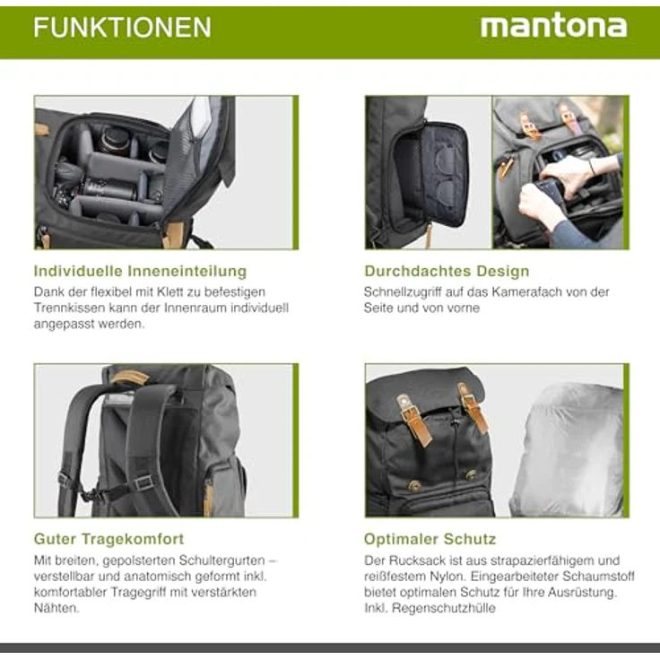 Mantona Luis Retro Fotorucksack (mit Echtleder-Applikationen, inkl. Regenschutzhülle, flexible Einteilung und Laptopfach, geeignet für 1x DSLR-Kamera, 3x Objektive und diverses Fotozubehör) schwarz – Bild 8