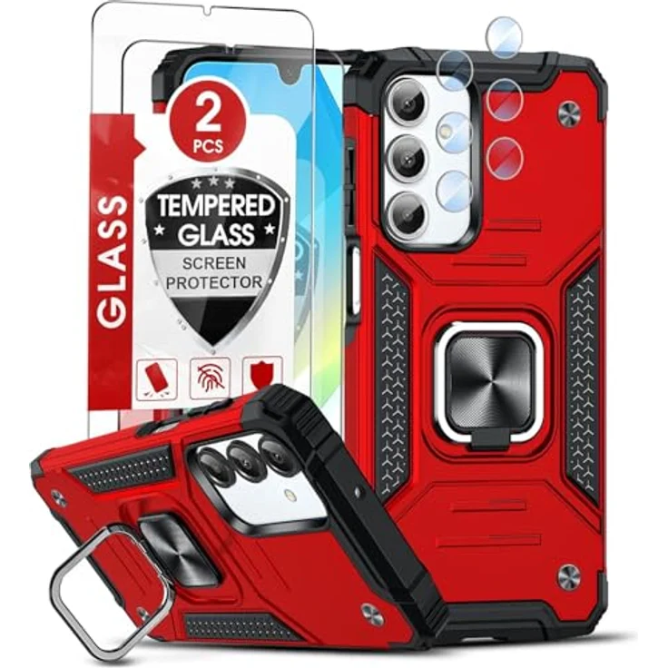 LeYi Handyhülle für Samsung Galaxy A16, Militärischer Ständer mit 360° Metall Ring Halter, inkl. 2 Schutzfolien & 2 Kamerafolien, stoßfestes Hardcase in Rot – Bild 1